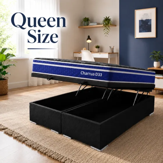 Conjunto Box Ba&uacute;l Charr&uacute;a Ortop&eacute;dico Queen Size